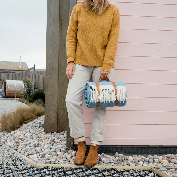 Dusk Blue Herringbone Wool Picnic Blanket view 2